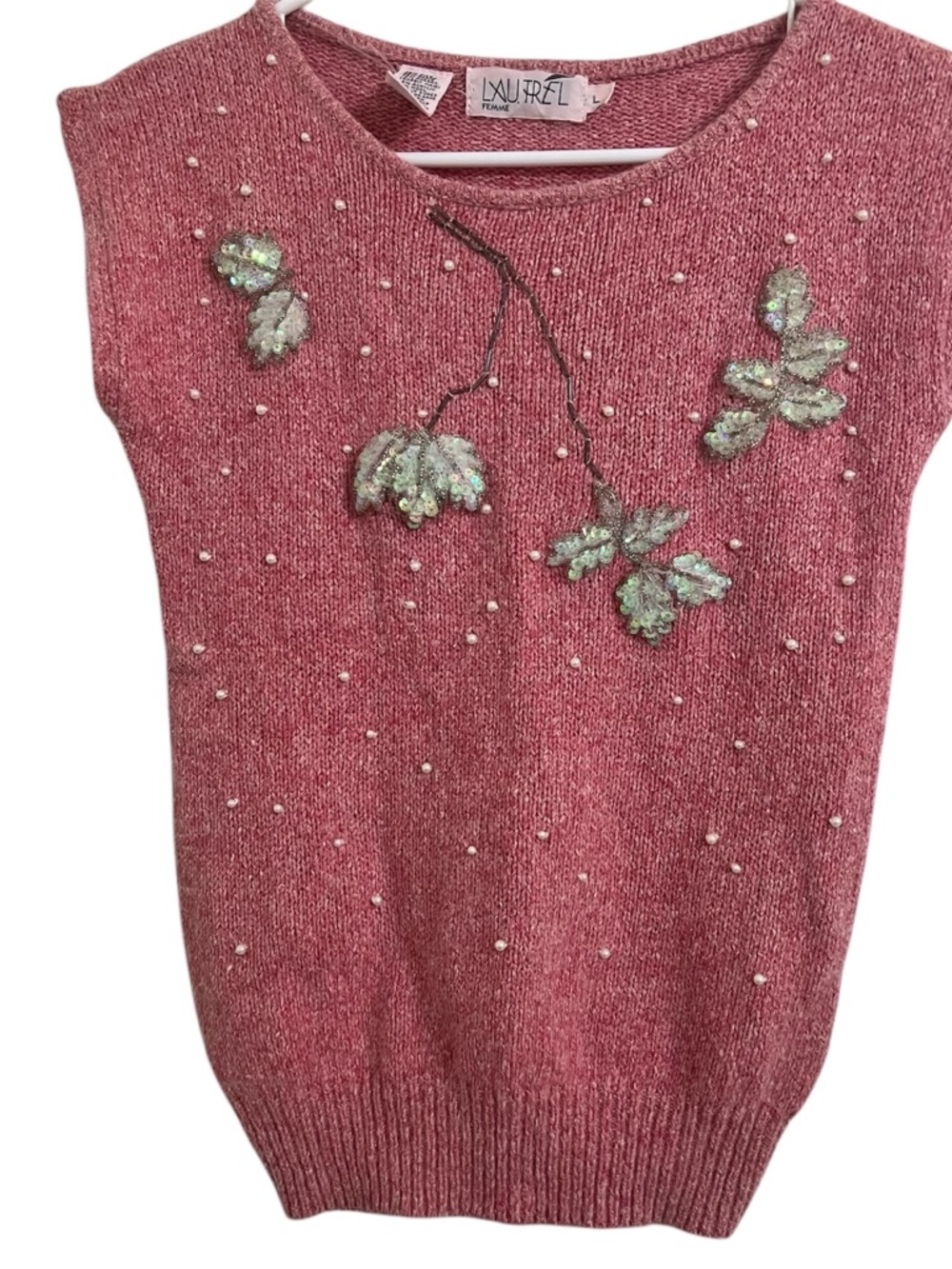 Vtg blouse angora sweater Pink Beaded Floral Knit artsy soft girl fairy romantic
